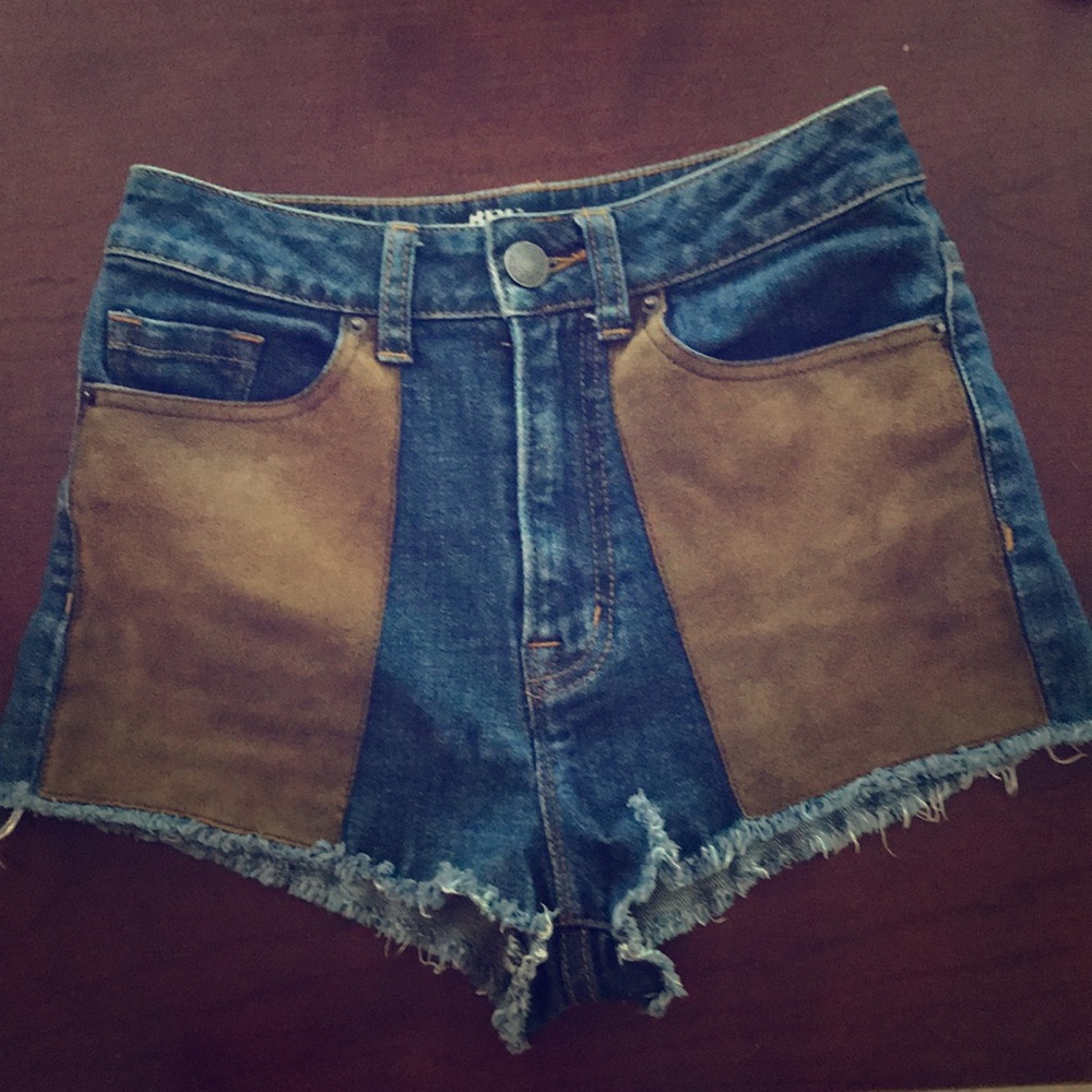 BDG Two-Tone Blue Denim Shorts with Brown Suede Pockets